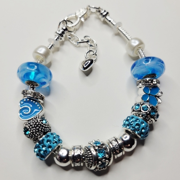 Chill Charms Of Texas Jewelry - NWT Pandora Style Snake Chain Charm Bracelet Hearts Butterflies Aqua Blue Silver